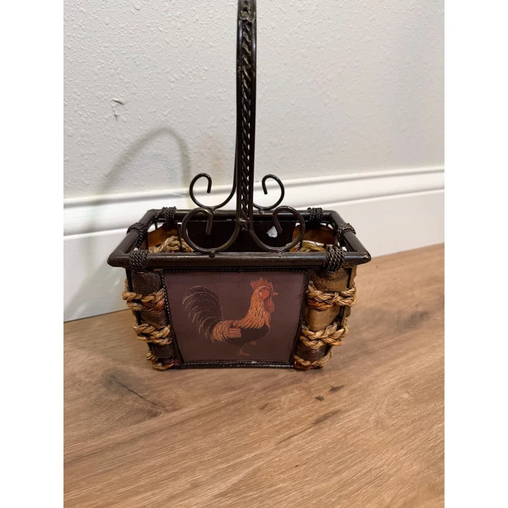 Rooster Decorative Basket Small Brown Rustic Farmhouse Country Kitchen Farm